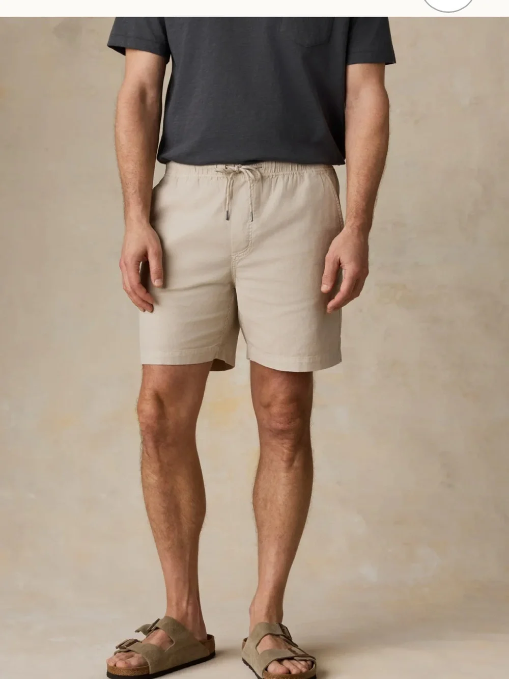 Faherty Essential Drawstring Cotton/Linen Blend Shorts Button Accent in Stone